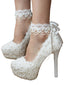 Women's Wedding Shoes Lace Pearls High Heel Decorative Heel Bridal Shoes,H28