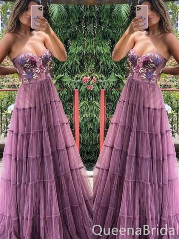 Grape A-line Floral Appliques Sweetheart Strapless Evening Gown Maxi Long Evening Party Prom Dresses ,WGP998