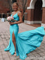 Two Pieces Blue A-line V Neck Evening Gown Maxi Long Evening Party Prom Dresses with Slit,WGP1030