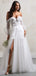 Elegant White Half Sleeves Off Shoulder Tulle Lace Appliques V Neck Side Slit A-Line Long Cheap Wedding Dresses,WGP218