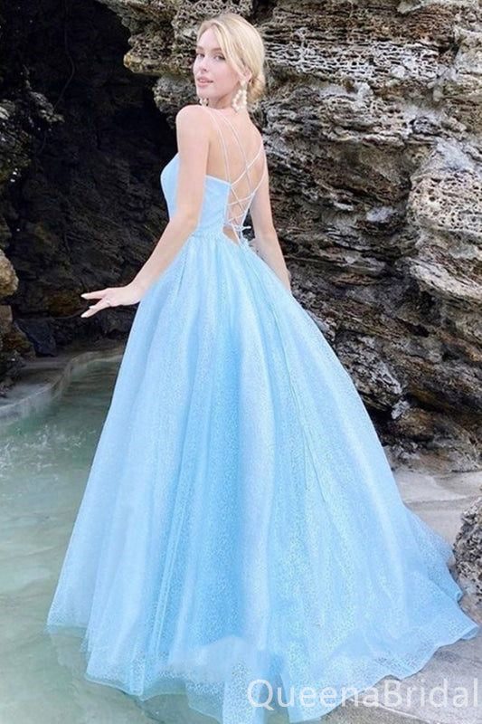 Sexy Spaghetti Straps Blue A-line Mermaid Lace up Back Party Dress Long Prom Dresses to Impress ,WGP1714