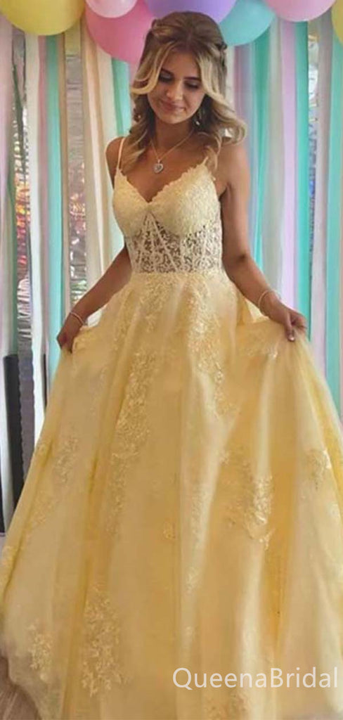 Elegant Spaghetti Straps Lace up Back Lace Appliques Tulle Evening Gown Long Prom Dresses ,WGP649