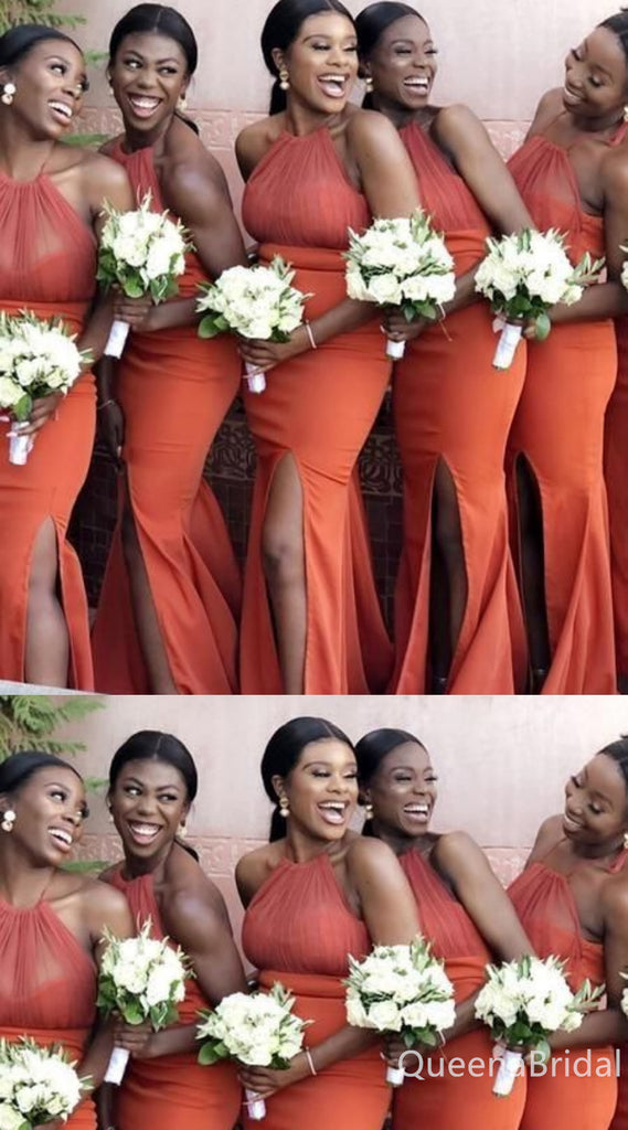 Halter Mermaid Orange Long Bridesmaid Dresses with Side Slit, BDS0208