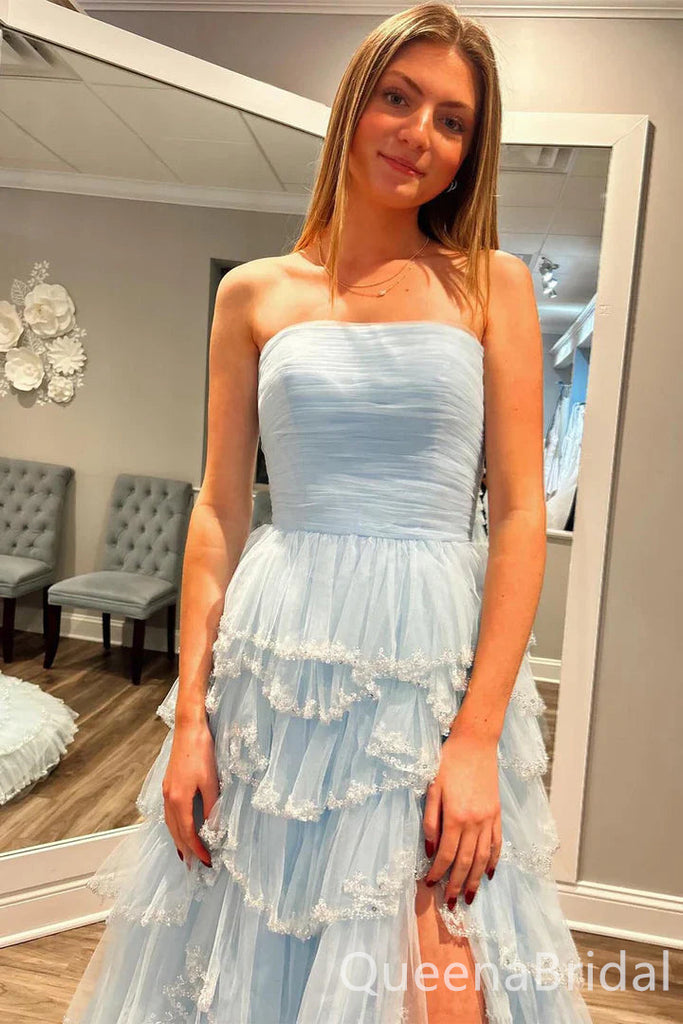 Elegant Light Blue Side Slit Strapless A-line Long Prom Dresses ,WGP1568