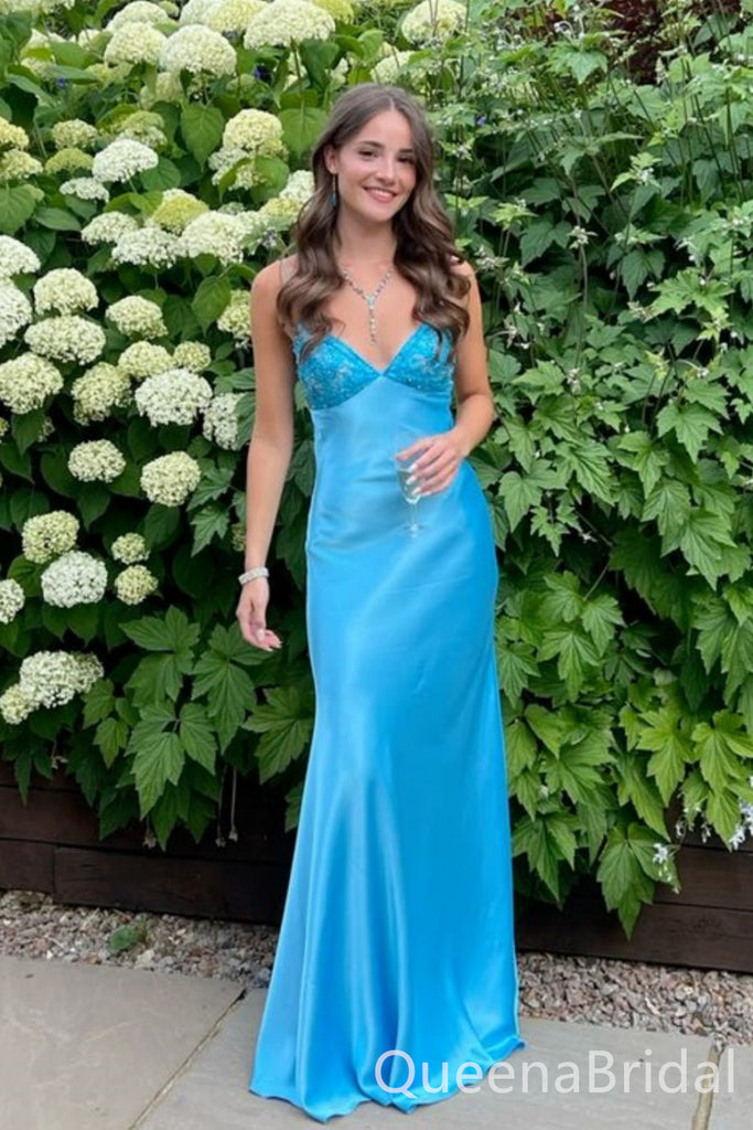 Stunning Blue Spaghetti Straps V Neck Sheath Long Prom Dresses ,WGP1572