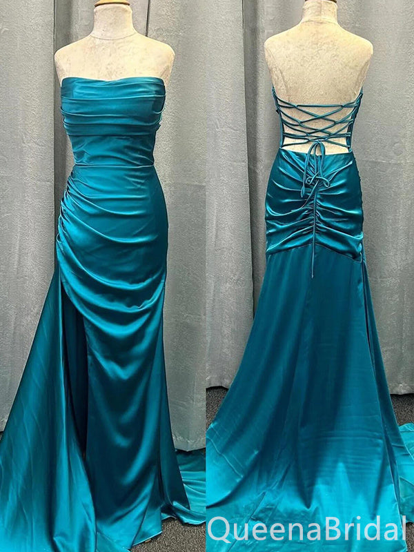 Mermaid Strapless Lace Up Back Evening Gown Maxi Long Formal Dresses Prom Dresses with Pleats ,WGP970