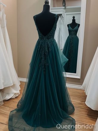 Stunning Green V-neck Lace Applique A-line Tulle Evening Dress, WGP2286