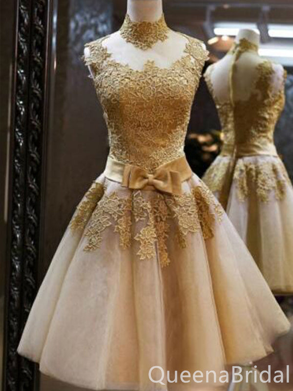 Elegant Gold Lace Appliques A-line High Neck Graduation Party Homecoming Dresses with Bow Knot ,QB0706