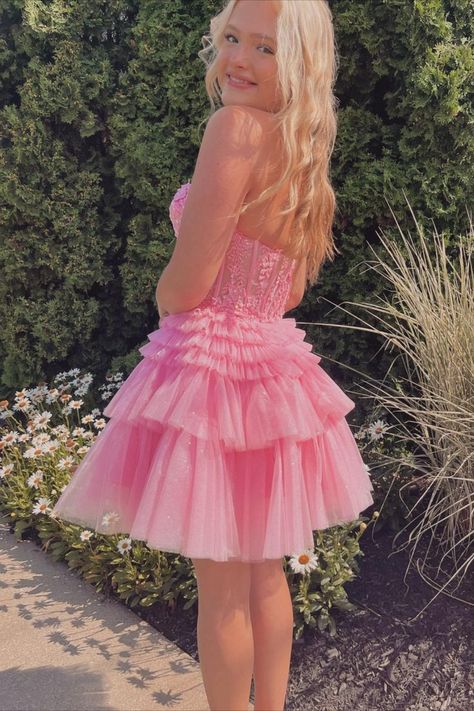 Elegant Pink Ruffles Tulle Lace Appliqueas Illusion A-Line Simple Short Homecoming Dresses, QB0411