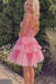 Elegant Pink Ruffles Tulle Lace Appliqueas Illusion A-Line Simple Short Homecoming Dresses, QB0411