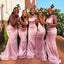 Elegant Pink One Shoulder Soft Satin Appliques Mermaid Long Cheap Bridesmaid Dresses,BDS0163