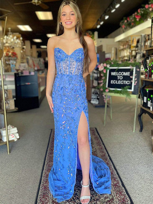 Elegant Blue Mermaid Lace Up Back Side Slit Beading Sequin Long Prom Dresses,WGP450