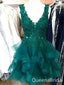 Charming Dark Green V-neck Lace Appliques A-line Short Short Homecoming Dresses with Ruffles, QB0620