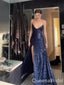 Sexy Halter V-neck Sheath Sequins Side Slit Lace Up Back Dark Blue Sheath Evening Prom Dresses ,WGP396