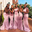 Elegant Pink One Shoulder Soft Satin Appliques Mermaid Long Cheap Bridesmaid Dresses,BDS0163