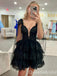 Sexy Black Sparkle A-line Lace Appliques Plunging Short Homecoming Dresses with Ruffles , QB0630