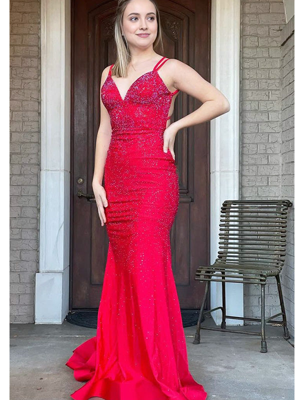 Elegant Red Strapless Simple Spaghetti Strap Beading Evening Prom Dresses,WGP484