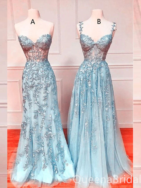 Elegant Blue/Green Lace Appliques A-line Evening Party Dress Long Prom Dresses to Impress ,WGP1377