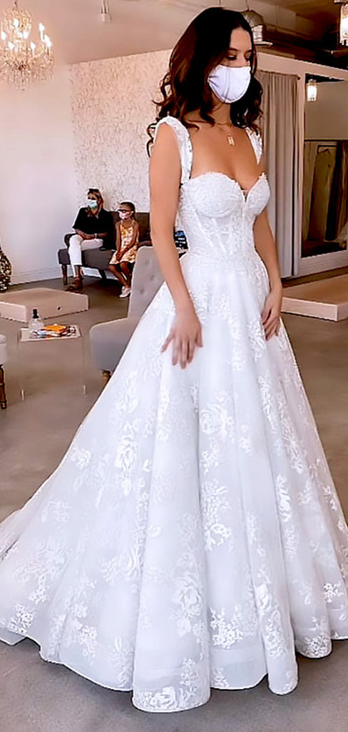 Elegant White Spaghetti Straps V Neck Lace Appliques A-Line Long Wedding Dresses,WGP205