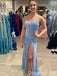 Sparkle Blue Lace Up Back Mermaid Spaghetti Straps Prom Dresses to Impress with Slit ,WGP1318