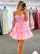 Elegant Pink Ruffles Tulle Lace Appliqueas Illusion A-Line Simple Short Homecoming Dresses, QB0411