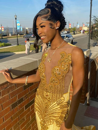 Sexy V-neck Gold Mermaid Long Formal Gown to Impress,WGP1796