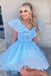 Cute Unique Blue Tulle A-line Short Homecoming Dresses with Ruffles, QB0557