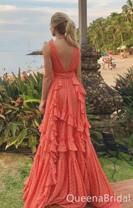 Plunging Deep V-neck A-line Sweetheart Ruffles Evening Gown Maxi Long Formal Dresses Prom Dresses with Side Slit,WGP954