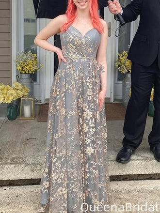 Casual Spaghetti Strap V-neck A-line Long Prom Dress Ideas, Evening Party Dresses,WGP1996