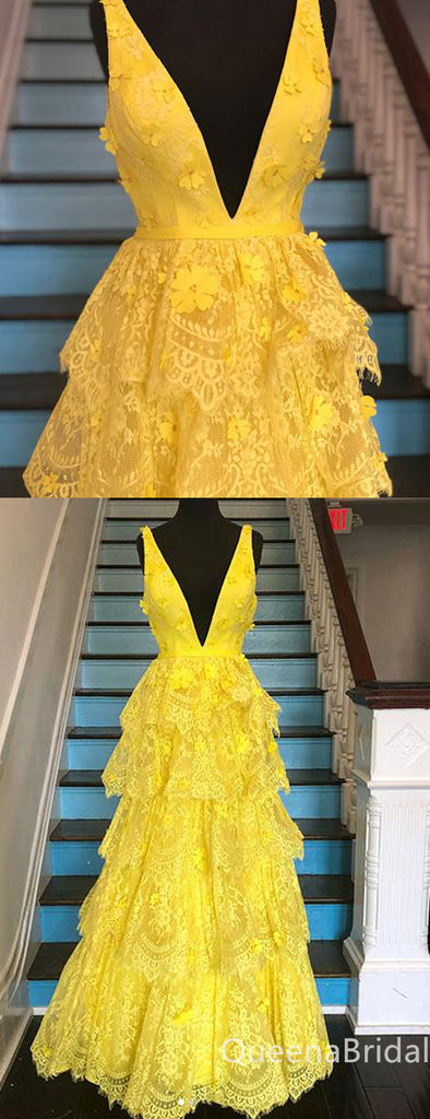 Yellow A-line Deep V-neck Lace Appliques Evening Gown Maxi Long Formal Dresses Prom Dresses,WGP984