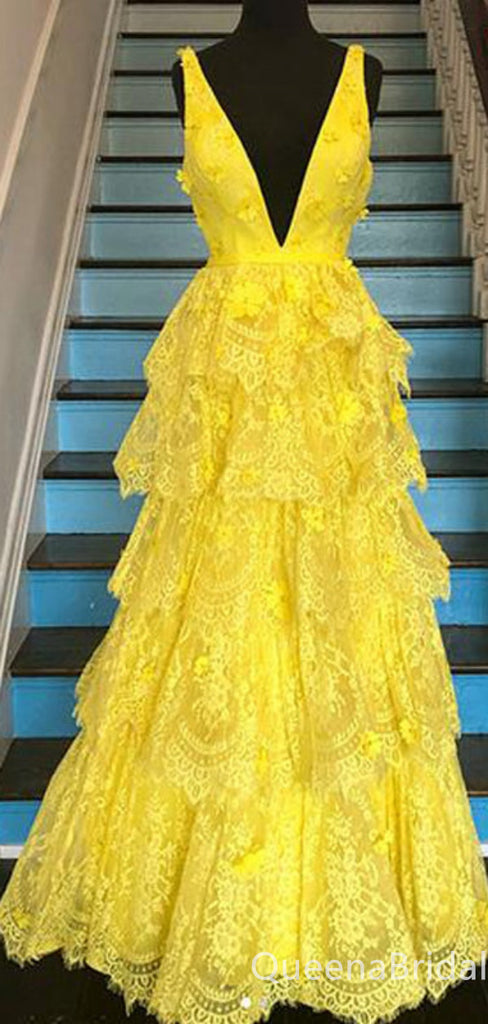 Yellow A-line Deep V-neck Lace Appliques Evening Gown Maxi Long Formal Dresses Prom Dresses,WGP984