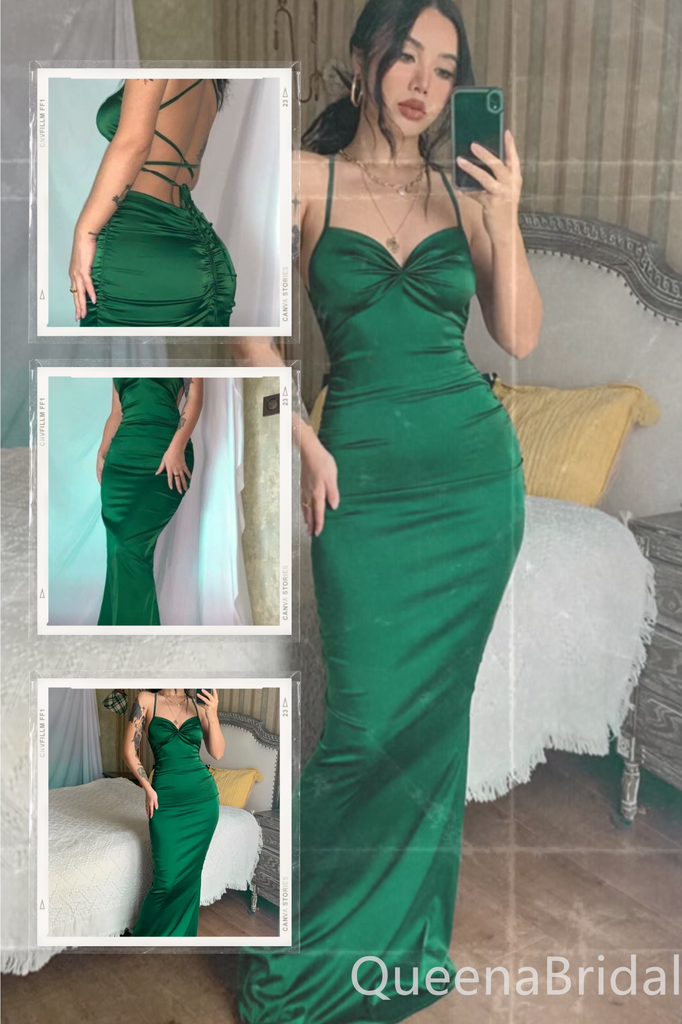 Emerald Green Mermaid Spaghetti Straps Lace Up Back Evening Gown Maxi Long Evening Party Prom Dresses ,WGP1013