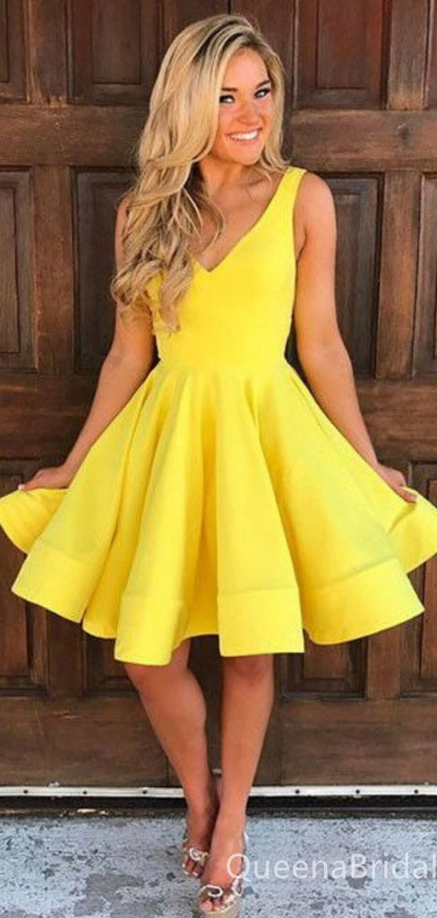 Elegant Yellow A-line V-neck Graduation Party Homecoming Dresses with Ruffles,QB0669