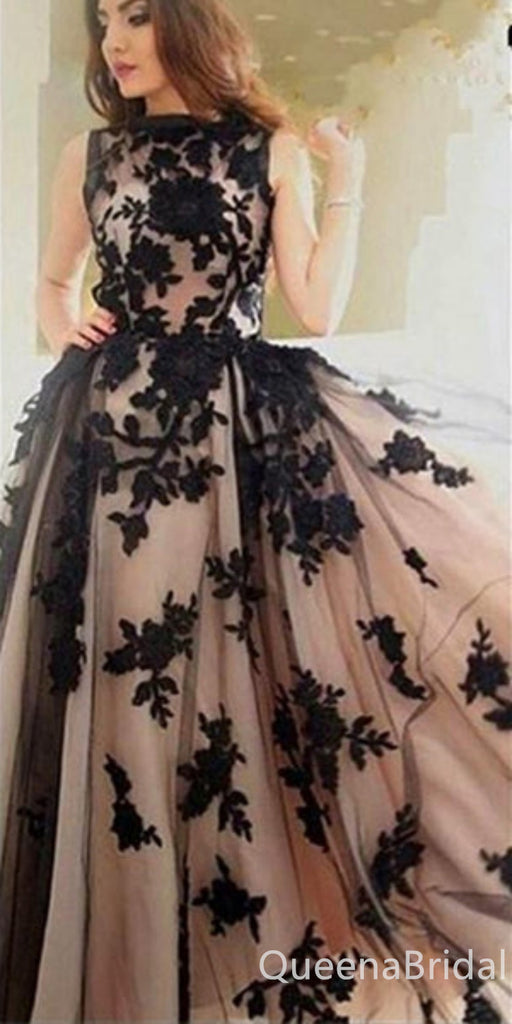 A-line Black Appliques Halter Evening Gown Maxi Long Evening Party Prom Dresses,WGP1224