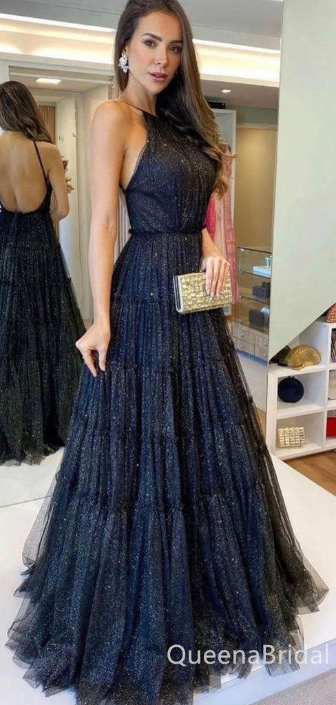 Elegant Sexy Black Halter Open Back A-line Evening Gown Long Prom Dresses with Pleats,WGP675