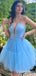 Sexy Deep V-neck Beading Tulle Ruffles Strapless Short Homecoming Dresses, QB0584