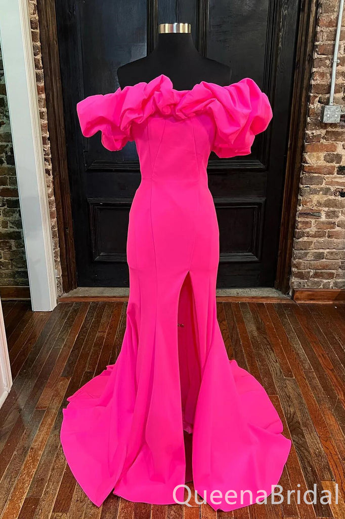 Charming Pink Side Slit Mermaid Strapless Evening Gown Maxi Long Formal Dresses Prom Dresses with Ruffle ,WGP971