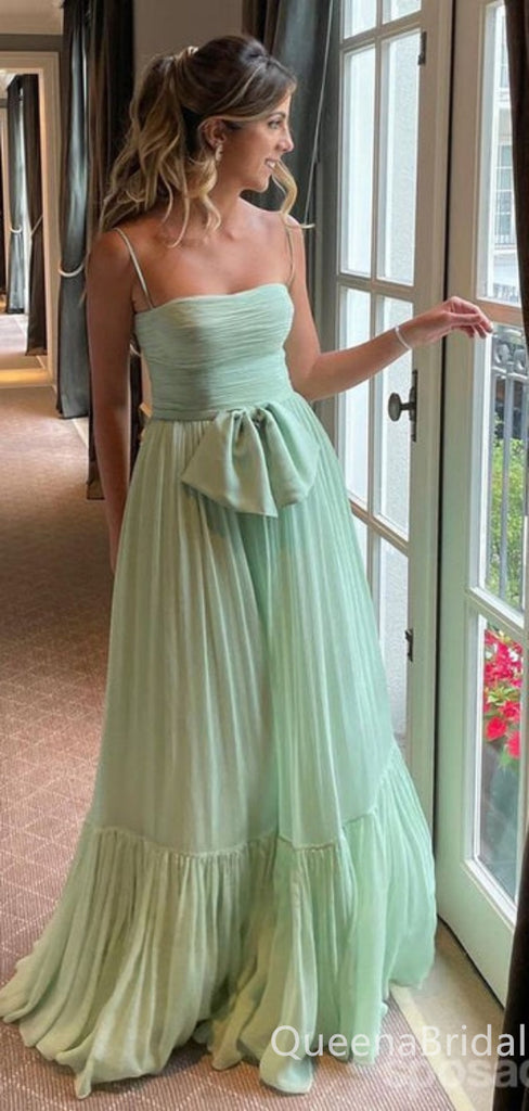 Elegant Green Spaghetti Straps A-line Straight Neck Evening Gown Maxi Long Formal Dresses Prom Dresses with Bow Knot,WGP932