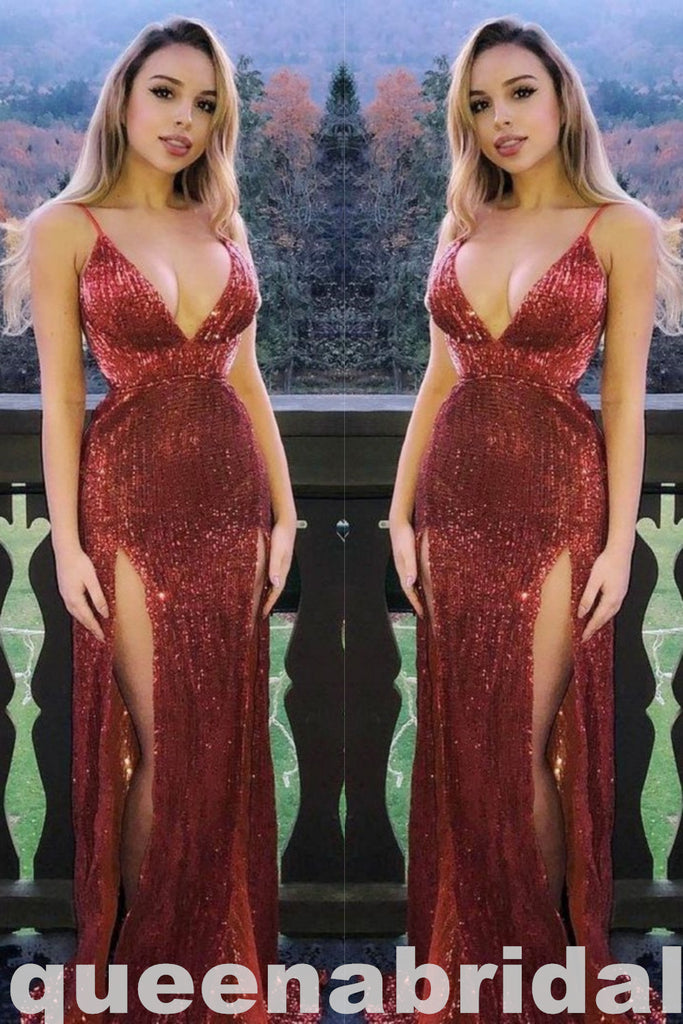 Sparkle Dusty Red Spaghetti Straps Plunging Deep V Neck Evening Gown Maxi Long Evening Party Prom Dresses with Side Slit,WGP1057