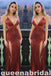 Sparkle Dusty Red Spaghetti Straps Plunging Deep V Neck Evening Gown Maxi Long Evening Party Prom Dresses with Side Slit,WGP1057