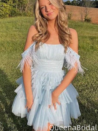 Elegant Spaghetti Strap Off-shoulder A-line Short Mini Homecoming Dress,QB1090