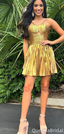 Sexy Gold Spaghetti Strap A-line Short Mini Homecoming Dress,QB1095
