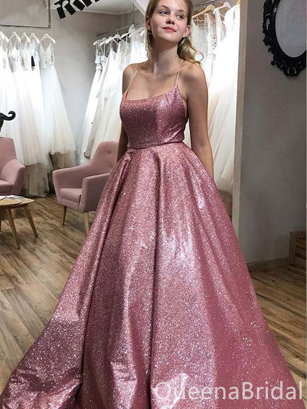 Sparkly Spaghetti Straps Lace up Back Evening Gown Long Prom Dresses ,WGP650