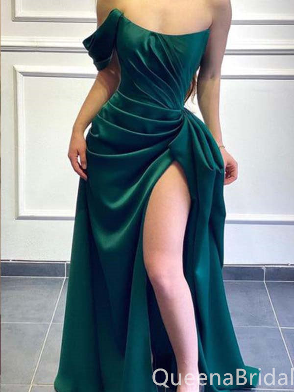 Sexy Green Off the Shoulder High Slit A-line Evening Gown Long Prom Dresses with Pleats,WGP708