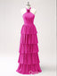 Hot Pink Layer A-line Halter Evening Gown Maxi Long Evening Party Prom Dresses ,WGP1208