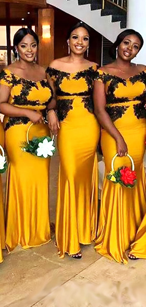 Elegant Yellow Off Shoulder Lace Mermaid Long Cheap Bridesmaid Dresses , BDS0186