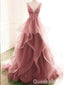 Sexy Dark Pink V-neck Spaghetti Straps A-line Lace Appliques Layer Evening Gown Maxi Long Formal Dresses Prom Dresses with Ruffles ,WGP903