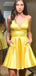 Elegant Yellow Spaghetti Straps V Neck Simple Cheap Short Homecoming Dresses, QB0508