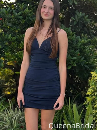 Casual Spaghetti Strap V-neck Sheath Short Mini Homecoming Dress,QB0980