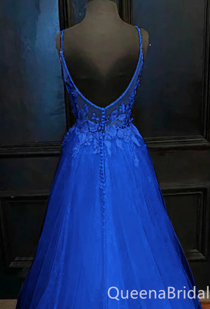 Sexy Elegant Royal Blue Spaghetti Straps Lace Appliques A-line V-neck Evening Gown Maxi Long Formal Dresses Prom Dresses,WGP933